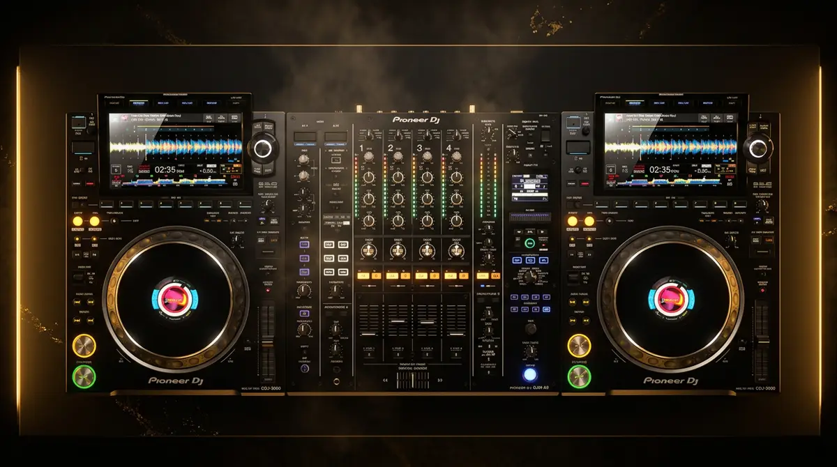Close-up of a Pioneer CDJ-3000 jog wheel mid-mix at an Ibiza DJ booth