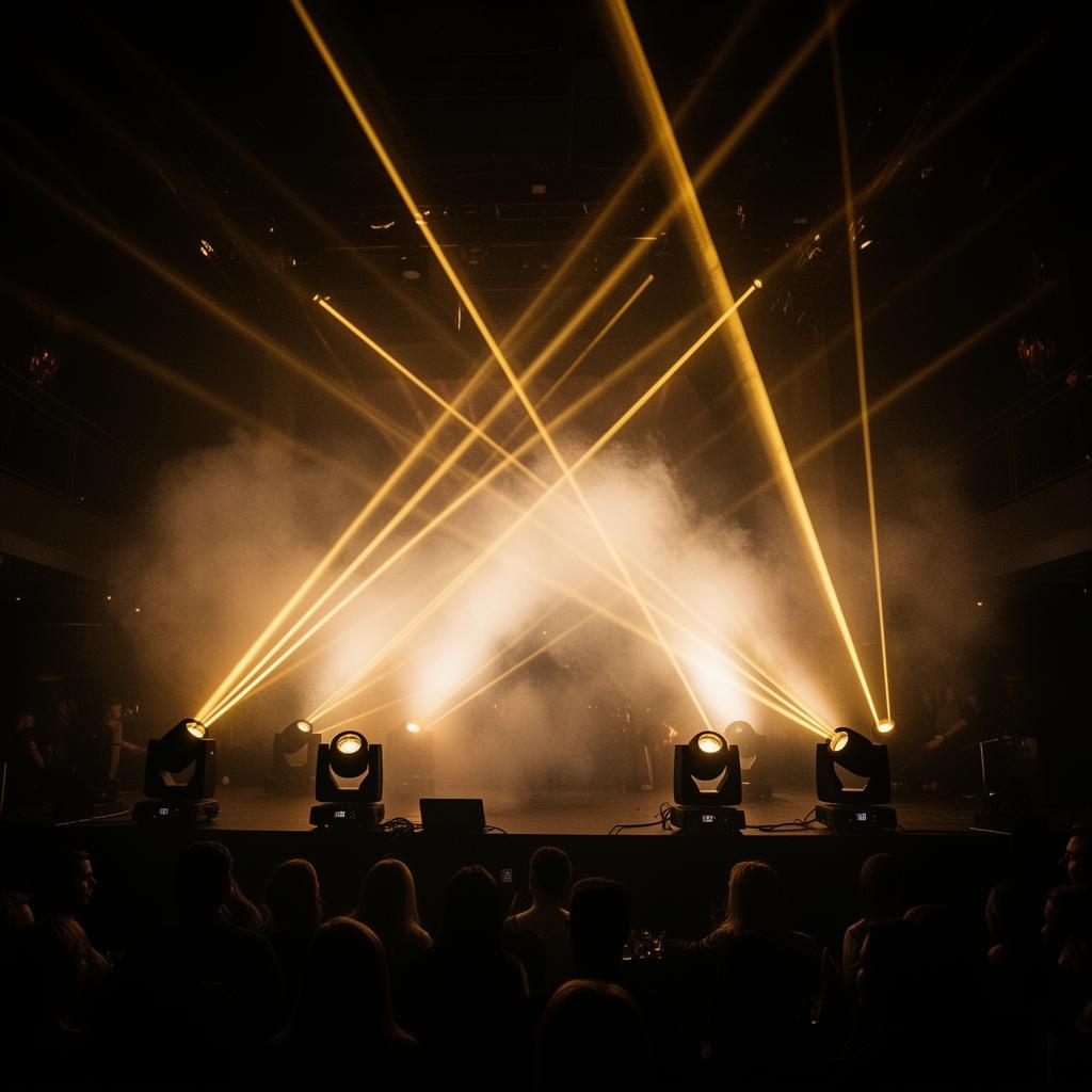 Lighting rental Ibiza — moving heads and laser beams in haze